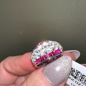 Diamond and Ruby lab stones silver band ring in size 7